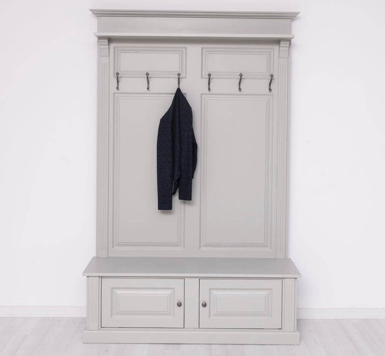 Garderobe aus Massivholz mit 6 Haken und 2 Staufächern unifarben -