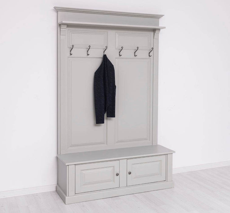 Garderobe aus Massivholz mit 6 Haken und 2 Staufächern unifarben -