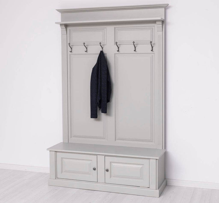 Garderobe aus Massivholz mit 6 Haken und 2 Staufächern unifarben -