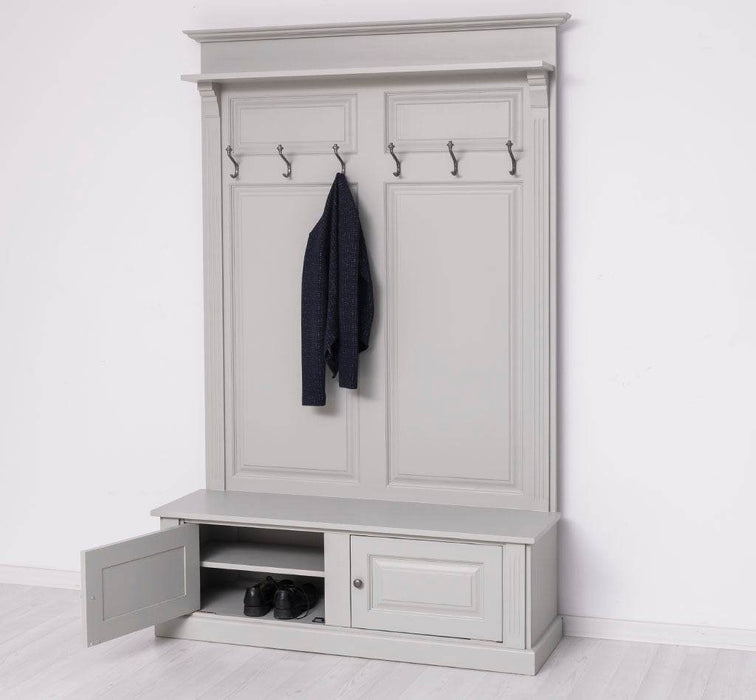Garderobe aus Massivholz mit 6 Haken und 2 Staufächern unifarben -