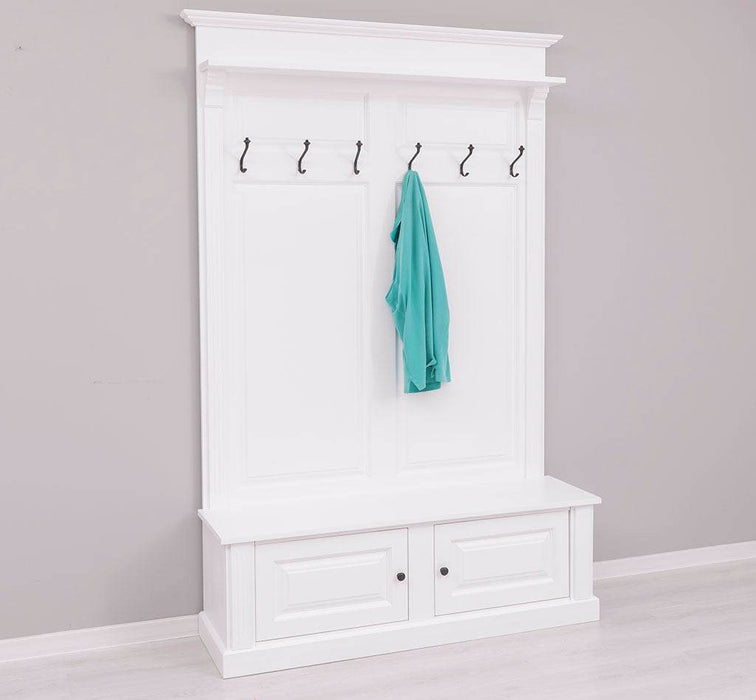 Garderobe aus Massivholz mit 6 Haken und 2 Staufächern unifarben -