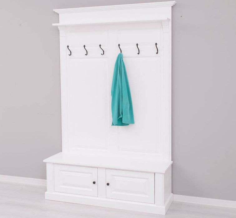 Garderobe aus Massivholz mit 6 Haken und 2 Staufächern unifarben -