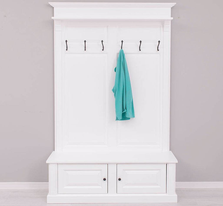 Garderobe aus Massivholz mit 6 Haken und 2 Staufächern unifarben -
