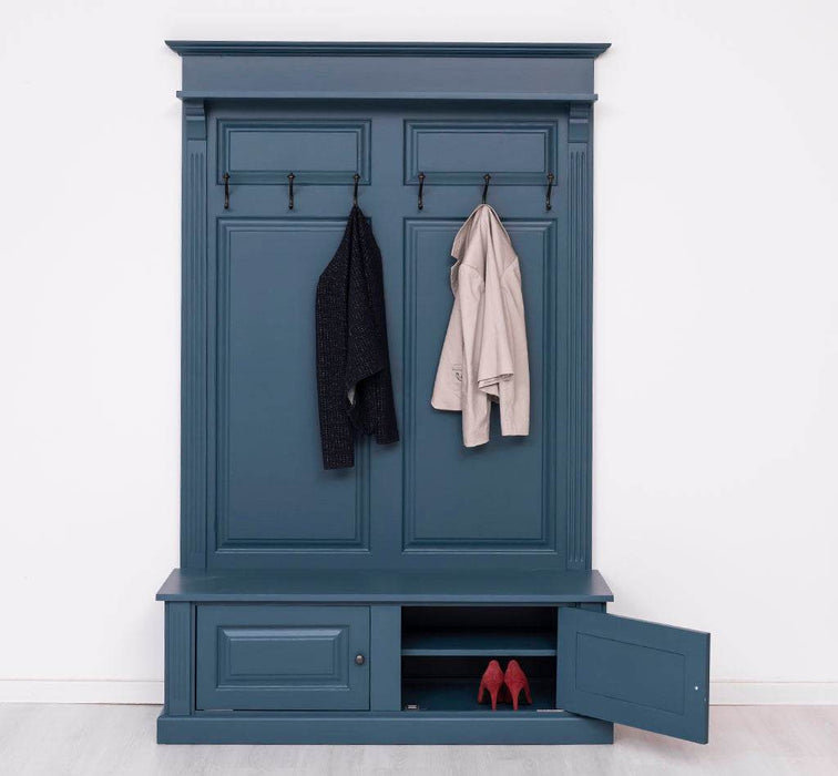 Garderobe aus Massivholz mit 6 Haken und 2 Staufächern unifarben -