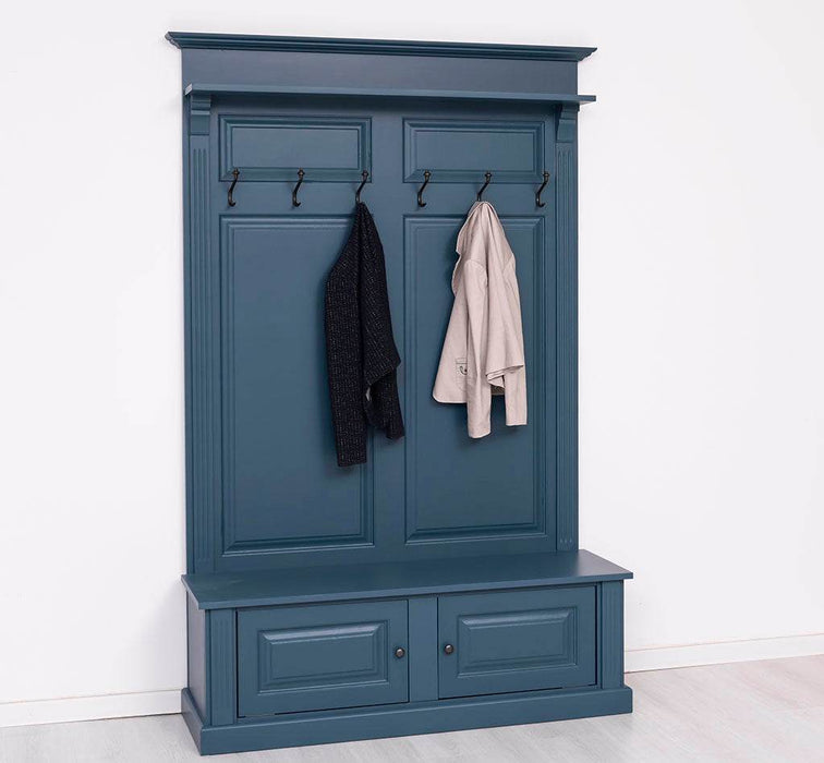 Garderobe aus Massivholz mit 6 Haken und 2 Staufächern unifarben -