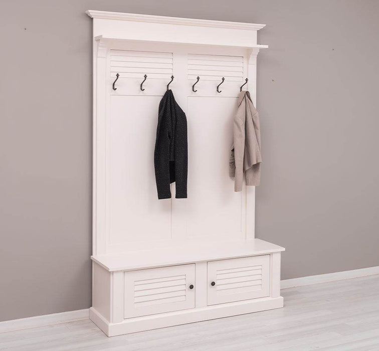 Garderobe aus Massivholz mit Sitzfläche | 6 Haken, Schuhschrank, Lamellentüren -