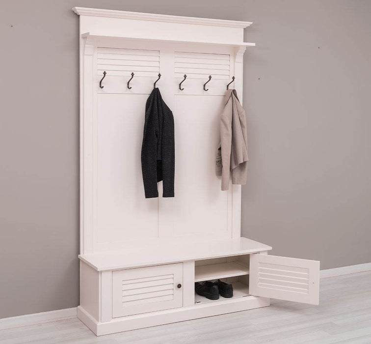 Garderobe aus Massivholz mit Sitzfläche | 6 Haken, Schuhschrank, Lamellentüren -