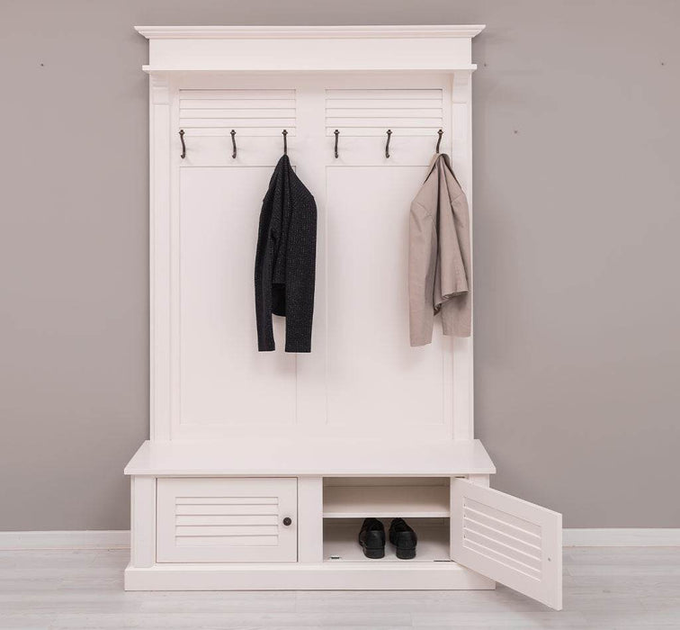 Garderobe aus Massivholz mit Sitzfläche | 6 Haken, Schuhschrank, Lamellentüren -