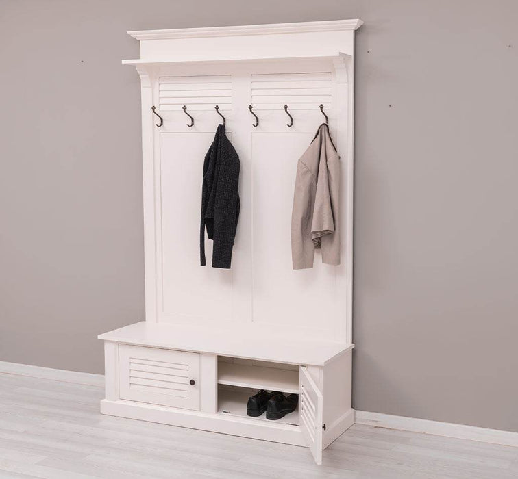 Garderobe aus Massivholz mit Sitzfläche | 6 Haken, Schuhschrank, Lamellentüren -