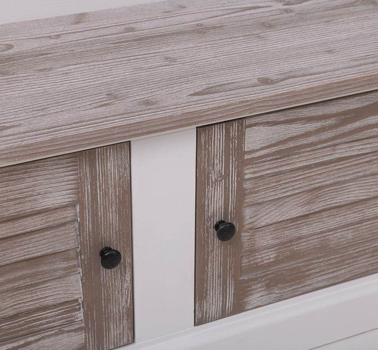 Garderobe aus Massivholz mit Sitzfläche | 6 Haken, Schuhschrank, Lamellentüren -