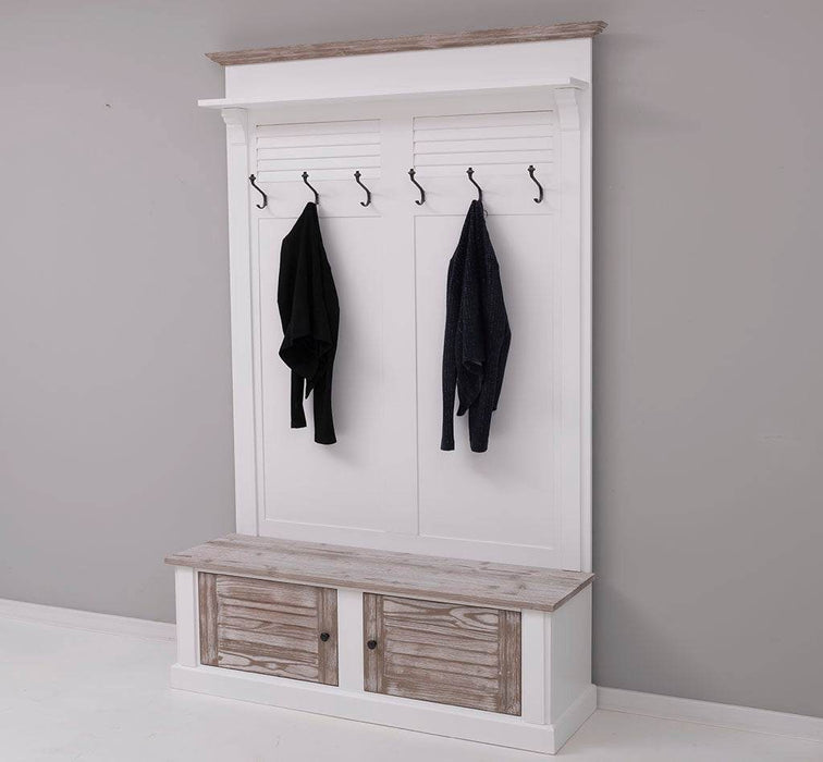 Garderobe aus Massivholz mit Sitzfläche | 6 Haken, Schuhschrank, Lamellentüren -