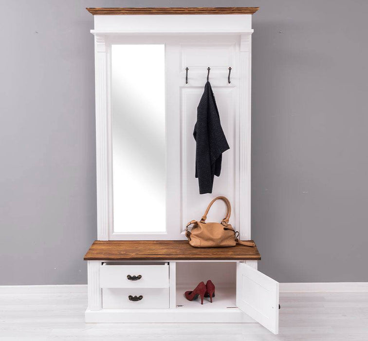 Garderobe aus Massivholz mit Spiegel und Staufächern -