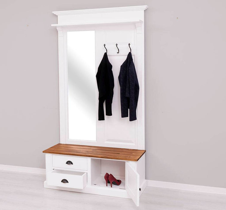 Garderobe aus Massivholz mit Spiegel und Staufächern -
