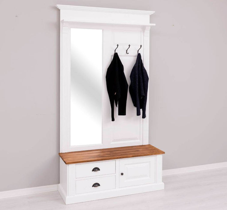 Garderobe aus Massivholz mit Spiegel und Staufächern -