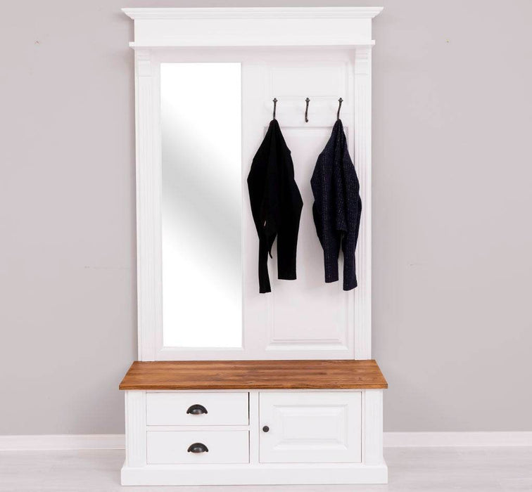 Garderobe aus Massivholz mit Spiegel und Staufächern -