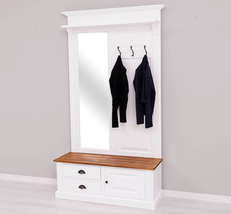 Garderobe aus Massivholz mit Spiegel und Staufächern -