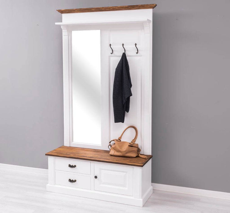 Garderobe aus Massivholz mit Spiegel und Staufächern -