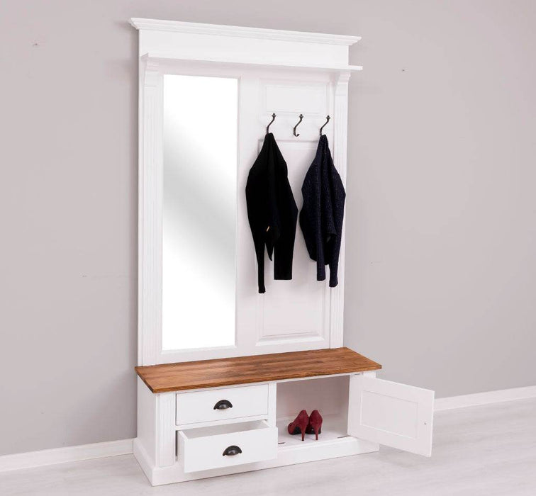 Garderobe aus Massivholz mit Spiegel und Staufächern -
