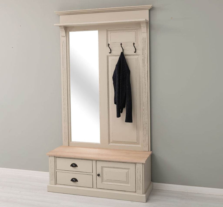 Garderobe aus Massivholz mit Spiegel und Staufächern -
