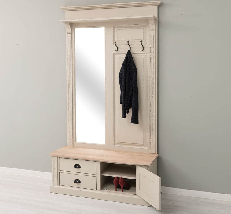 Garderobe aus Massivholz mit Spiegel und Staufächern -