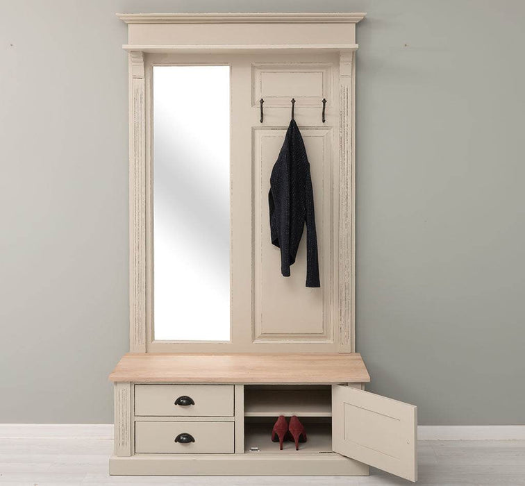 Garderobe aus Massivholz mit Spiegel und Staufächern -
