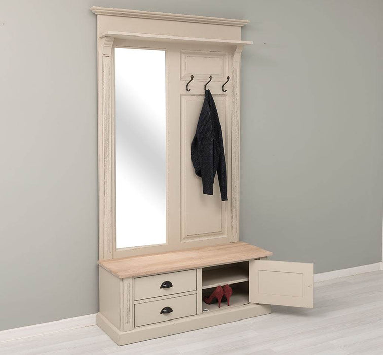 Garderobe aus Massivholz mit Spiegel und Staufächern -