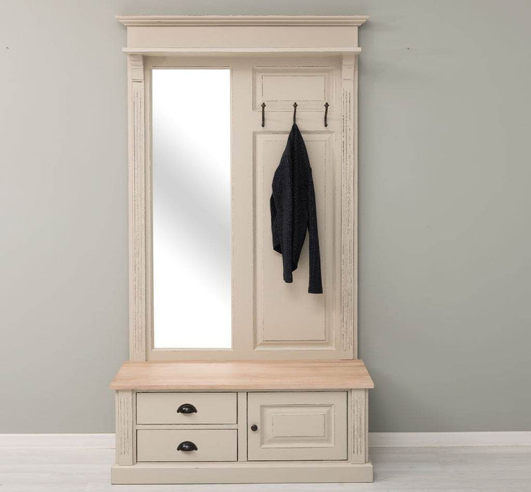 Garderobe aus Massivholz mit Spiegel und Staufächern -