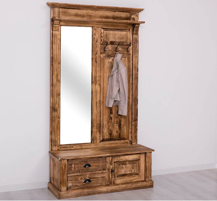 Garderobe aus Massivholz mit Spiegel und Staufächern -