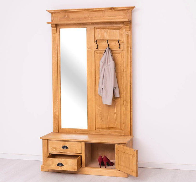 Garderobe aus Massivholz mit Spiegel und Staufächern -