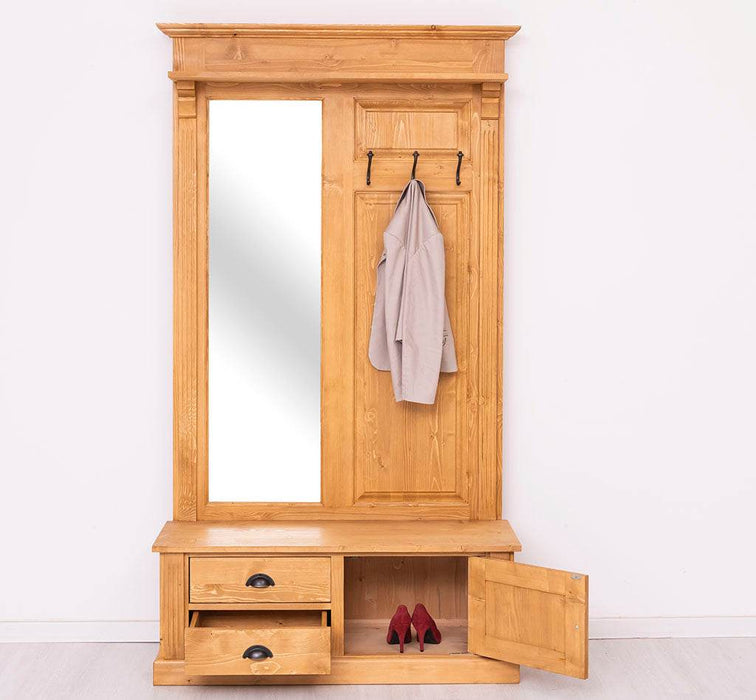 Garderobe aus Massivholz mit Spiegel und Staufächern -