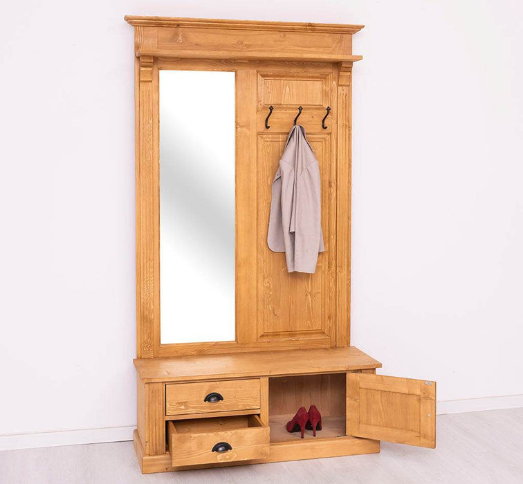 Garderobe aus Massivholz mit Spiegel und Staufächern -