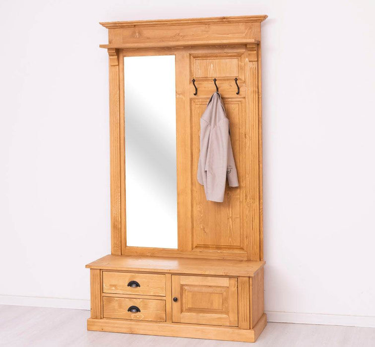 Garderobe aus Massivholz mit Spiegel und Staufächern -