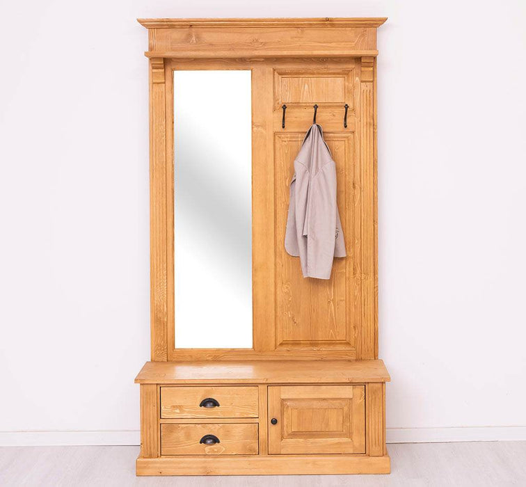 Garderobe aus Massivholz mit Spiegel und Staufächern -