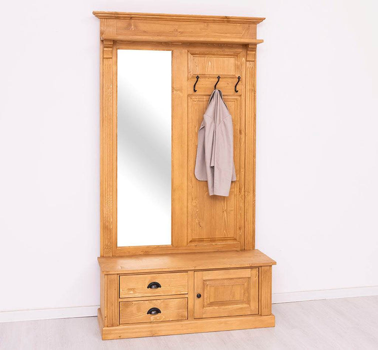 Garderobe aus Massivholz mit Spiegel und Staufächern -