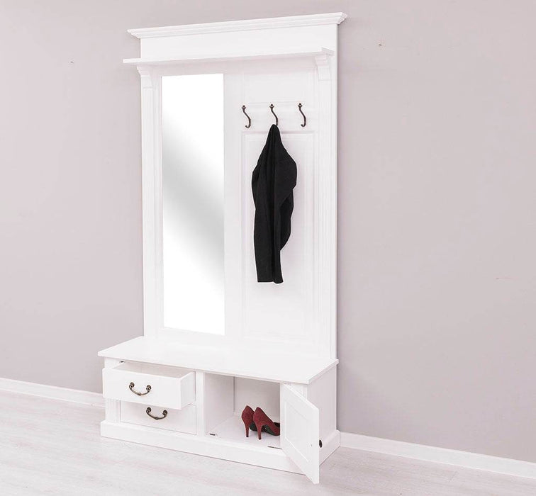 Garderobe aus Massivholz mit Spiegel und Staufächern -