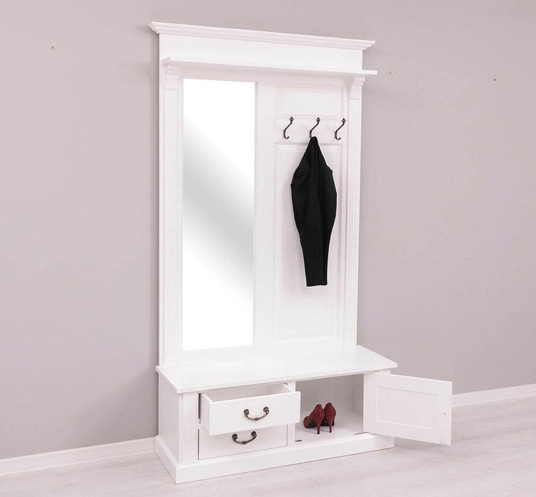 Garderobe aus Massivholz mit Spiegel und Staufächern -
