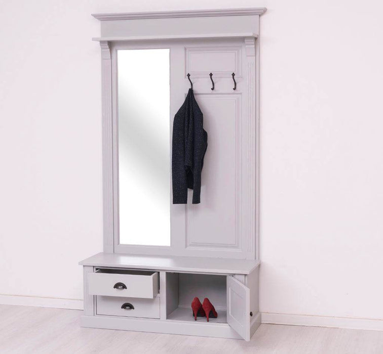 Garderobe aus Massivholz mit Spiegel und Staufächern -