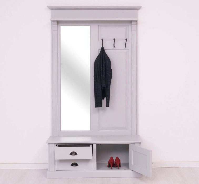 Garderobe aus Massivholz mit Spiegel und Staufächern -