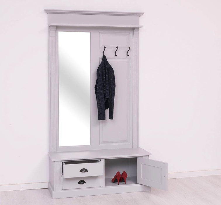Garderobe aus Massivholz mit Spiegel und Staufächern -