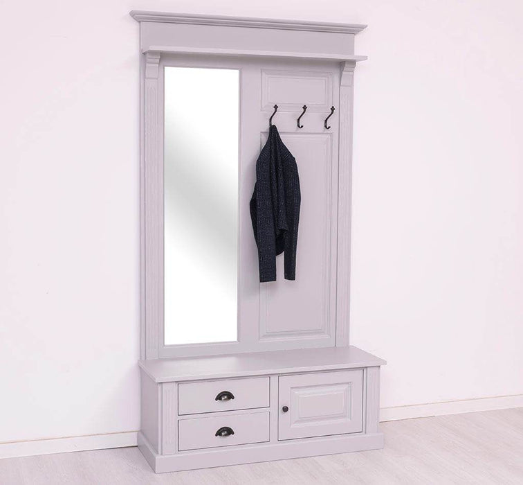 Garderobe aus Massivholz mit Spiegel und Staufächern -