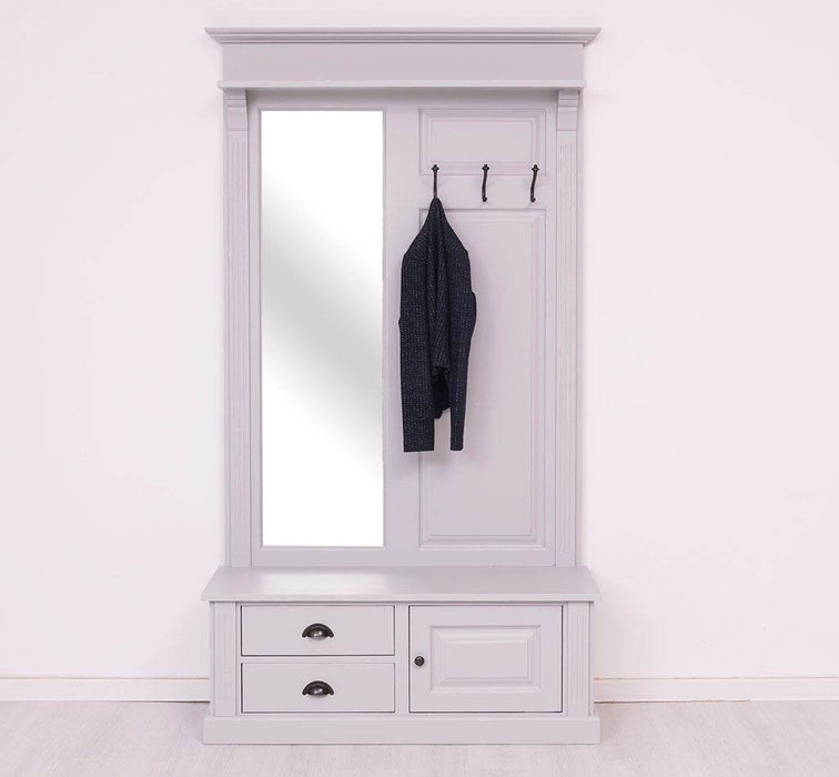 Garderobe aus Massivholz mit Spiegel und Staufächern -