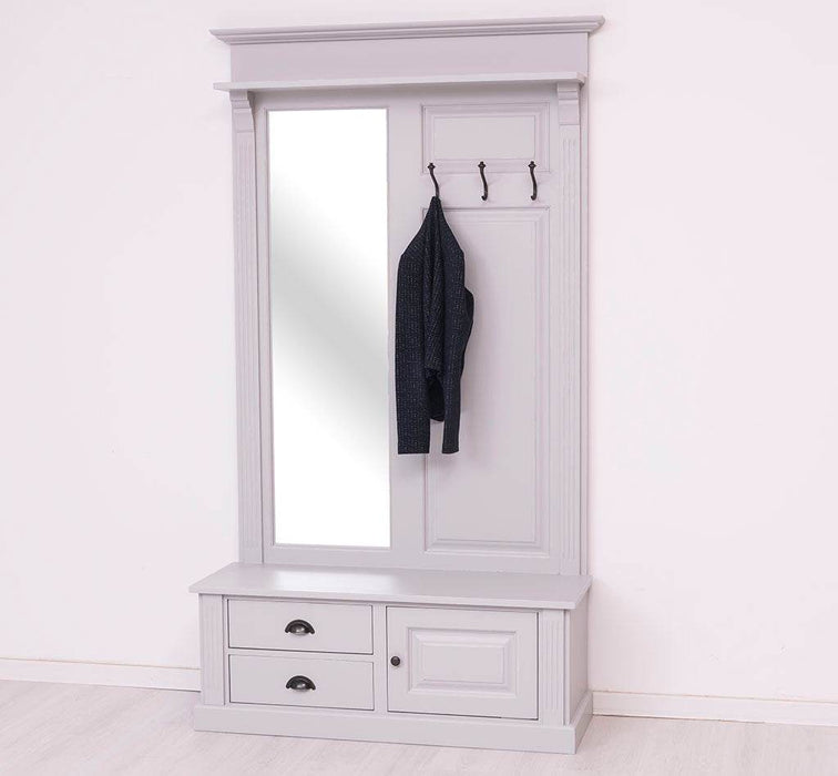 Garderobe aus Massivholz mit Spiegel und Staufächern -