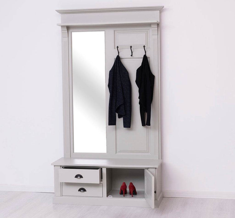Garderobe aus Massivholz mit Spiegel und Staufächern -
