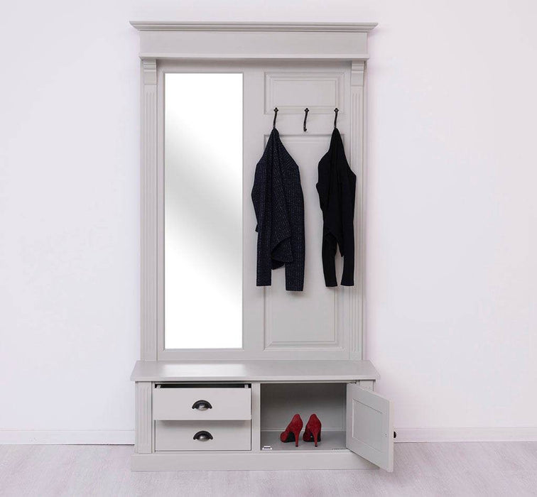 Garderobe aus Massivholz mit Spiegel und Staufächern -