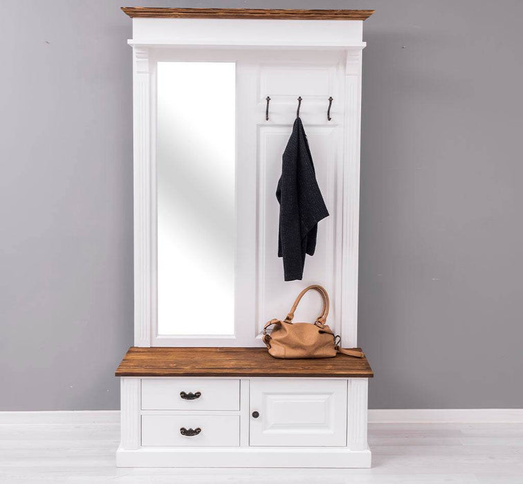 Garderobe aus Massivholz mit Spiegel und Staufächern -