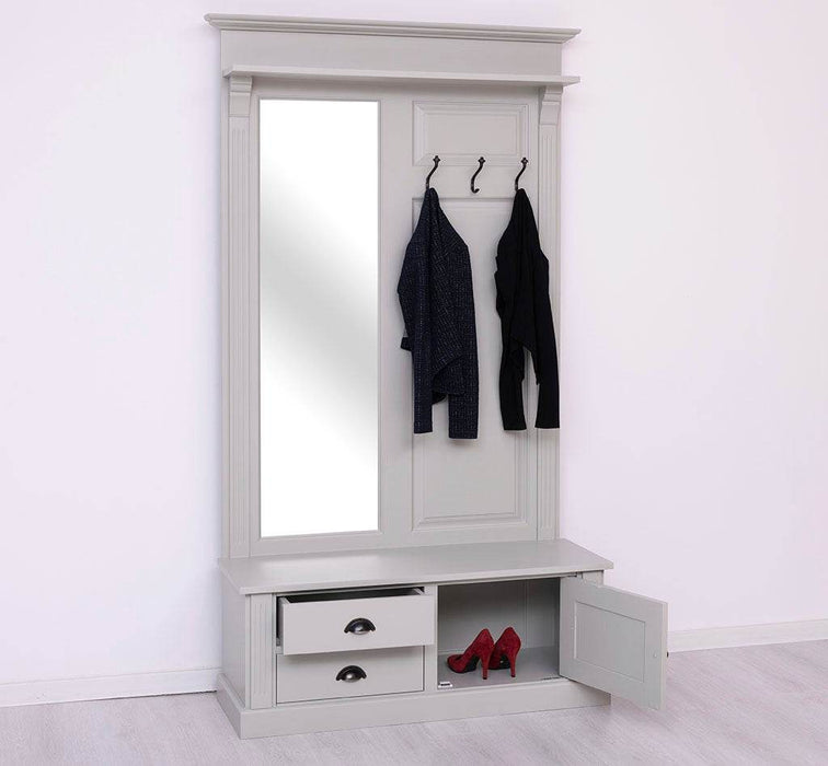 Garderobe aus Massivholz mit Spiegel und Staufächern -