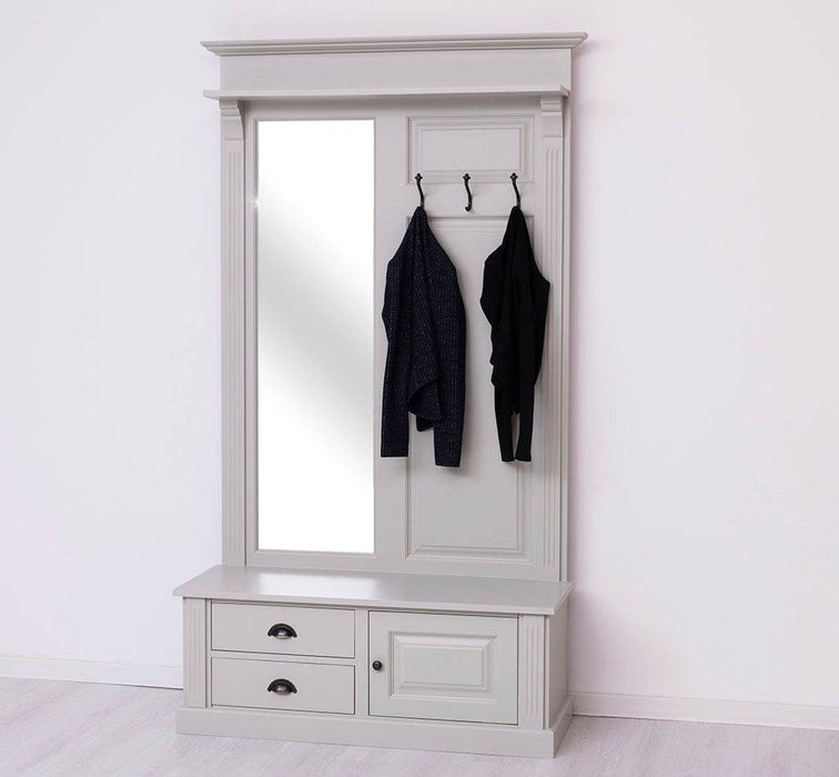 Garderobe aus Massivholz mit Spiegel und Staufächern -