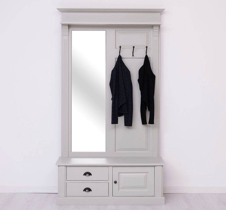 Garderobe aus Massivholz mit Spiegel und Staufächern -