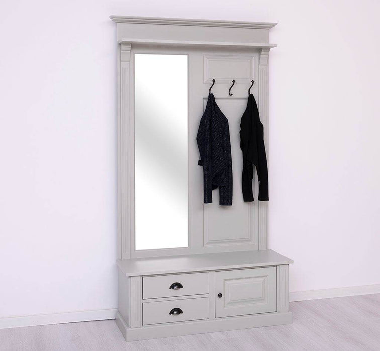 Garderobe aus Massivholz mit Spiegel und Staufächern -