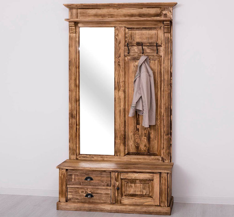 Garderobe aus Massivholz mit Spiegel und Staufächern -